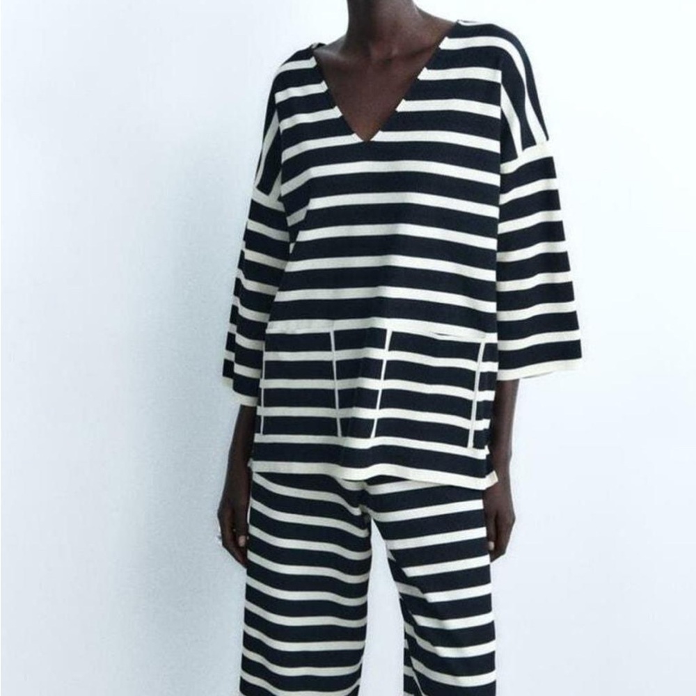 Zara Knit Set Black White Stripe V Neck Top/ sz XS Crop pull on Pants Sz S